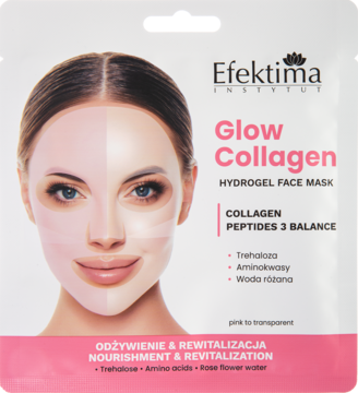 Efektima Glow Collagen Hydrogel Face Mask w białej saszetce, z grafiką kobiety, do odżywiania i rewitalizacji.