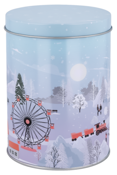 Cylindryczna metalowa puszka z pokrywką, zimowy wzór z karuzelą i pociągiem, na jasnoniebieskim tle.
