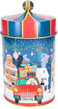 Cylindryczna puszka świąteczna z czerwoną karuzelą na górze i zimowym miastem z Mikołajem w czerwonym aucie.