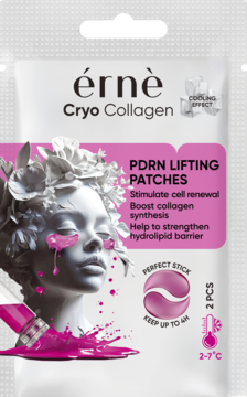 érnè Cryo Collagen PDRN Lifting Patches, biała saszetka z grafiką twarzy i różowymi detalami, chłodzące, 2 sztuki.