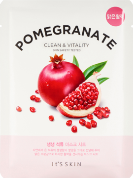 Maska It's Skin Pomegranate Clean & Vitality w białej saszetce, z czerwoną połówką granatu i ziarnami, widok z przodu.