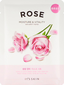 It's Skin Rose nawilżająca maseczka w płachcie, białe opakowanie z różowymi różami i napisem ROSE, widok z przodu.