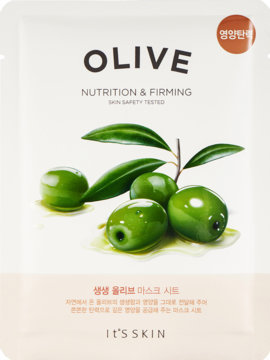 It's Skin Olive maska w płachcie, odżywczo-jędrniająca. Beżowe opakowanie z ilustracją zielonych oliwek.