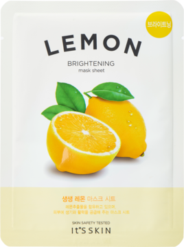It's Skin Lemon maska rozświetlająca, biała saszetka z cytrynami, zielonymi listkami i nazwą, widok z przodu.