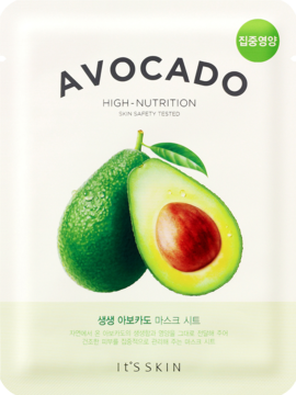 It's Skin Avocado maseczka w płachcie, białe opakowanie z dwoma awokado, widok z przodu, odżywcza i nawilżająca.
