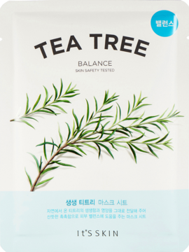 Maseczka w płachcie It's Skin Tea Tree Balance. Biała saszetka z zieloną gałązką drzewa herbacianego, widok z przodu.