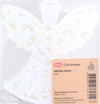 Irydyzujący biały aniołek świąteczny, zawieszka z misternymi wycięciami, w przezroczystym opakowaniu.