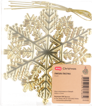 Złote, błyszczące ozdoby świąteczne płatki śniegu (6 szt.) z metalicznym wykończeniem, w przezroczystym opakowaniu.