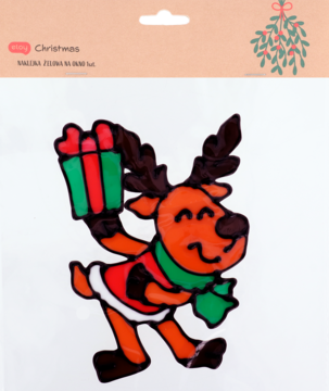 Naklejka żelowa na szybę: wesoły renifer w zielonym szaliku z prezentem, w opakowaniu.