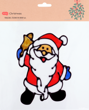 Świąteczna naklejka witrażowa: wesoły Mikołaj w czerwonym stroju z dzwonkiem, widok z przodu, białe tło.