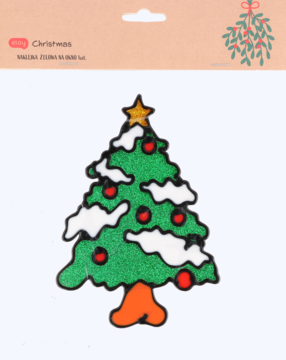 Zielona brokatowa dekoracja choinka z białym śniegiem, czerwonymi bombkami i gwiazdą na tle opakowania.