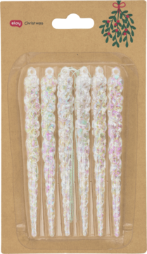 Zestaw 6 brokatowych, iryzujących sopli choinkowych w blistrze, widok z przodu brązowego opakowania.