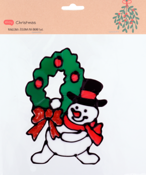 Świąteczna naklejka: bałwan w czarnym kapeluszu z czerwonym szalikiem trzyma zielony wieniec z kokardą, widok z przodu.