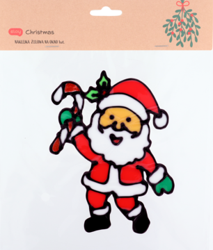 Naklejka świąteczna: wesoły Mikołaj w czerwonym stroju, z białą brodą, trzyma laskę cukrową i ostrokrzew.