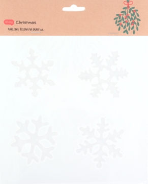 Zestaw czterech białych, transparentnych śnieżynek dekoracyjnych, widok opakowania z napisem 'Cool Christmas'.