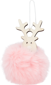Puszysty różowy brelok z drewnianą głową renifera i rogami, widok z przodu. Idealny dodatek do kluczy.
