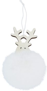 Biała, puszysta bombka świąteczna z pomponem i drewnianą głową renifera oraz sznurkiem do zawieszenia, widok z przodu.
