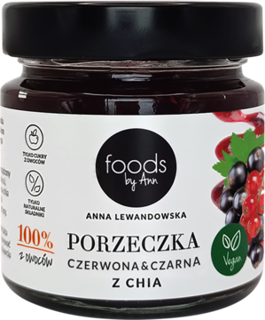 Dżem z porzeczek czarnej i czerwonej Foods by Ann z chia w szklanym słoiku, widok z przodu.