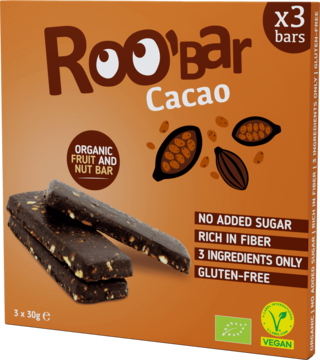 Roo'Bar Cacao organiczne batony owocowo-orzechowe, opakowanie 3 szt., bez cukru, wegańskie i bezglutenowe.