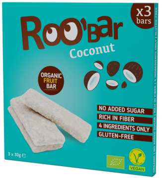 Roo'Bar Coconut, 3 organiczne batony owocowe w tealowym pudełku. Widoczne białe batony i kawałki kokosa.