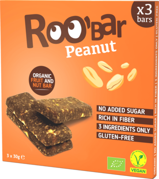 Pomarańczowe opakowanie Roo'Bar Peanut, 3 organiczne batony daktylowe z orzeszkami ziemnymi, widok z przodu.