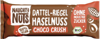 Baton Naughty Nuts Dattel-Riegel Haselnuss Choco Crush, wegański, bez cukru, widok z przodu na brązowym opakowaniu.