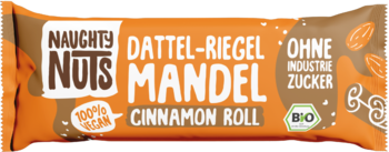 Naughty Nuts baton Dattel-Riegel Mandel Cinnamon Roll, pomarańczowe opakowanie, widok z przodu, BIO, wegański.