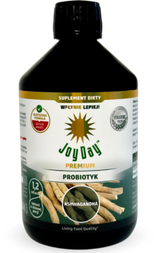 Joy Day PREMIUM PROBIOTYK Ashwagandha, ciemna butelka z czarną nakrętką, zielono-złota etykieta, widok z przodu.