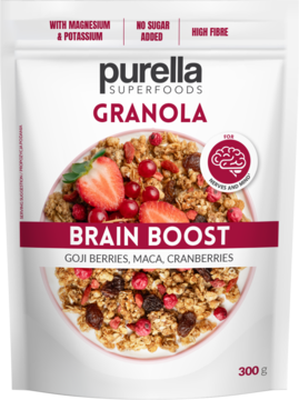 PURELLA SUPERFOODS Brain Boost ,musli z jagodami goji, żurawiną oraz maca,,przód
