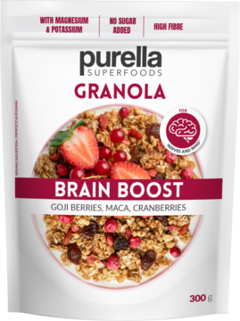 Biała torebka Purella Granola Brain Boost 300g z goji, macą, żurawiną, magnezem i potasem.