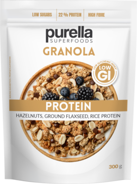 Purella Granola Protein 300g, biała torebka z orzechami laskowymi, siemieniem lnianym, ryżowym białkiem, niska zawartość cukru.