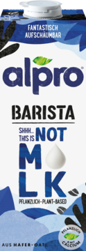 Alpro Barista Not M*lk, owsiany napój roślinny do kawy, w niebiesko-białym kartonie z napisem 'Shhh... This Is Not M*lk', widok z przodu.