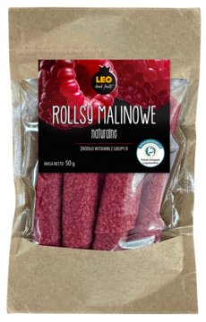 Opakowanie Leo Rollsy Malinowe 50g, naturalne, z etykietą malin i rekomendacją logopedów, widok z przodu.