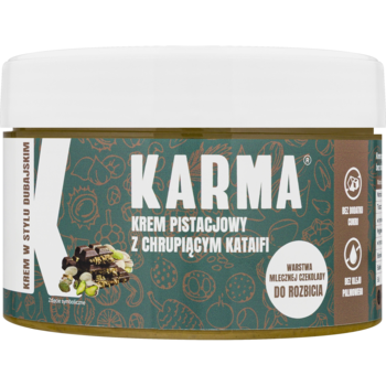 Krem pistacjowy Karma z chrupiącym kataifi, w stylu dubajskim, słoik z brązową etykietą, bez cukru.