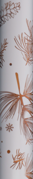 Pionowy wzór: miedziane gałązki igieł, szyszki, płatki śniegu i kropki na jasnym, matowym tle. Świąteczny motyw.