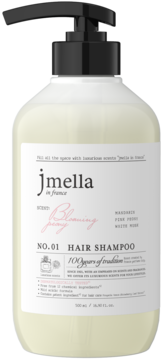 Szampon Jmella No.01 Blooming Peony, butelka z pompką 500ml, widok z przodu na białą etykietę.