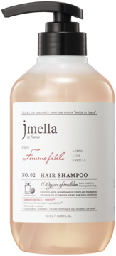 Jmella Femme fatale hair shampoo, 500ml, light peach bottle with black pump, litchi, lily, vanilla scent.