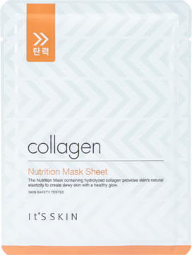 It's Skin Collagen Nutrition Mask Sheet, biała saszetka odżywczej maski kolagenowej z pomarańczowym logo u góry. Widok przód.
