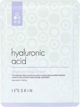 It's Skin Hyaluronic Acid Moisture Mask Sheet, biała saszetka z fioletem, napisy 'hyaluronic acid', widok z przodu.
