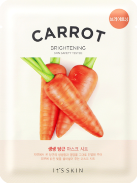 Koreańska rozświetlająca maska w płachcie It's Skin Carrot, biała saszetka z grafiką trzech marchewek.
