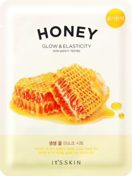 Biała maska w płachcie It's Skin Honey Glow & Elasticity z miodem i plastrem miodu, widok z przodu.