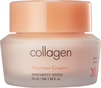 Ujędrniający krem It's Skin Collagen Nutrition+ 50ml, w matowym, brzoskwiniowym słoiczku z pomarańczową pokrywką, widok z przodu.