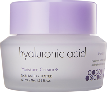 It's Skin Hyaluronic Acid Moisture Cream+ 50ml w matowym słoiczku z fioletową nakrętką, widok z przodu.