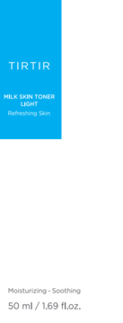 TIRTIR Milk Skin Toner Light 50ml, biała butelka z niebieską etykietą, widok z przodu, odświeżający tonik.