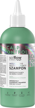 Zielony szampon so!flow SCALP CONTROL, intensywnie oczyszczający do skóry głowy, o zapachu cytrusów.