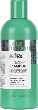 Zielony szampon so!flow Scalp Control nawilżająco-regulujący do tłustej skóry głowy, widok z przodu.