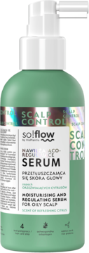 so!flow Scalp Control, nawilżająco-regulujące serum do tłustej skóry głowy, zielona butelka z pompką, z cytrynowym zapachem.