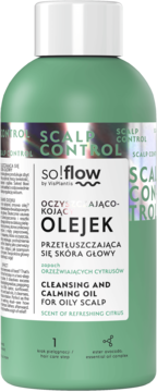 Zielona butelka olejku so!flow by Vis Plantis, Cleansing and Calming Oil for Oily Scalp, zapach cytrusowy, widok z przodu.