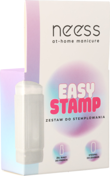 Neess Easy Stamp zestaw do french manicure: biały heksagonalny stempel i żel, w białym pudełku z gradientem.