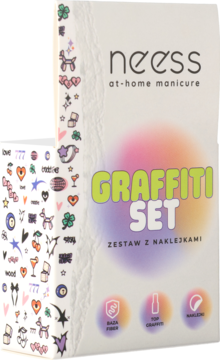 Neess Graffiti Set do manicure hybrydowego, front białego opakowania z kolorowym napisem i arkuszem naklejek.